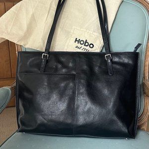 Hobo International Tote, Laptop, Handbag. Zipper. Black Leather. Blue Trim.